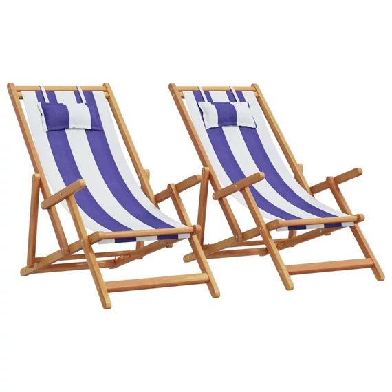 VidaXL 2 db kék és fehér szövet és tömör fa összecsukható strandszék