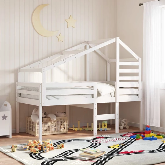 VidaXL fehér tömör fenyőfa magasított ágy tetővel 90 x 200 cm