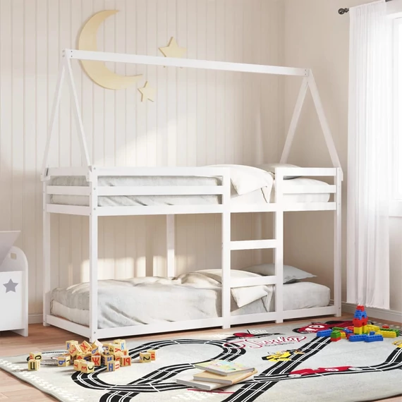 VidaXL fehér tömör fenyőfa ágy emelettel és tetővel 90 x 200 cm