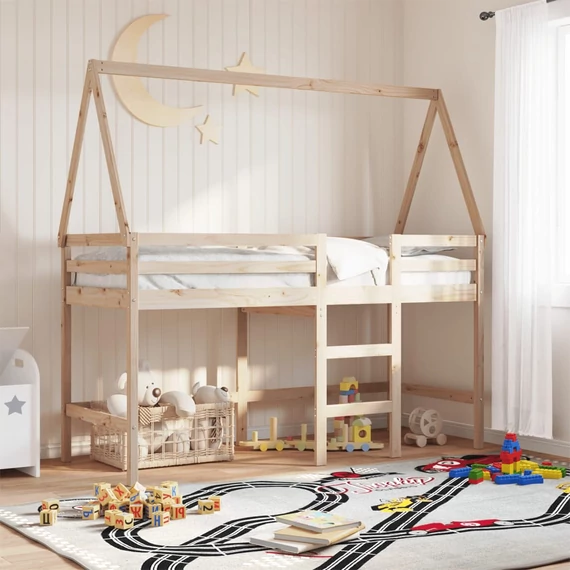 VidaXL tömör fenyőfa galériaágy létrával és tetővel 90 x 200 cm