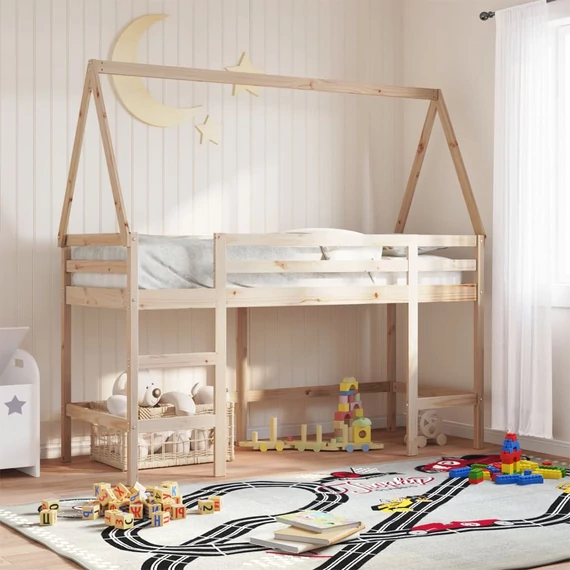 VidaXL tömör fenyőfa galériaágy létrával és tetővel 90 x 200 cm