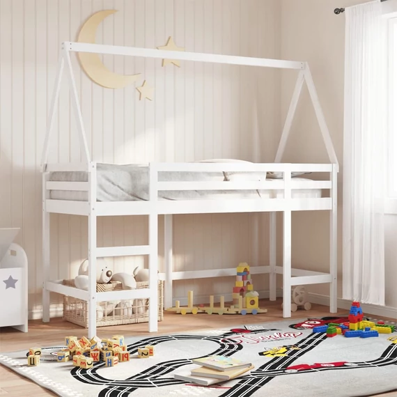VidaXL fehér tömör fenyőfa galériaágy létrával és tetővel 90 x 200 cm