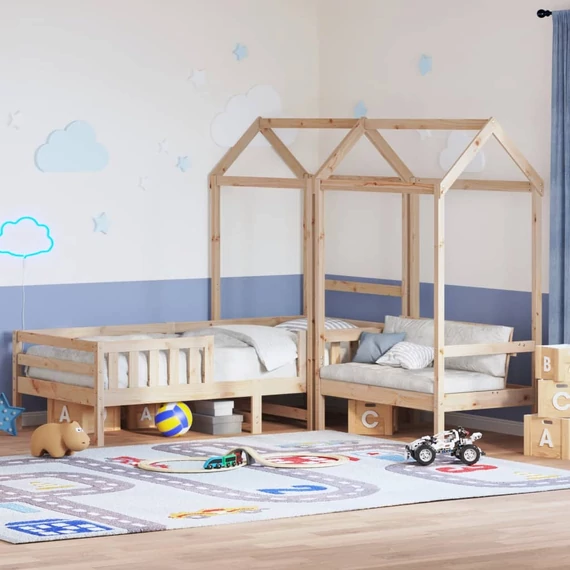 VidaXL tömör fenyőfa ágy és pad szett tetővel 90 x 200 cm