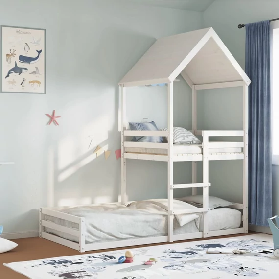 VidaXL fehér tömör fenyőfa ágy emelettel és tetővel 90 x 200 cm