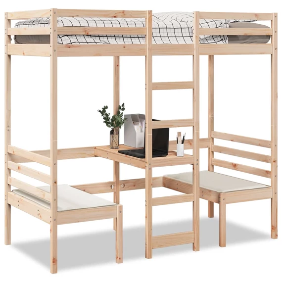 VidaXL tömör fenyő galériaágy-keret asztallal és székekkel 90 x 200 cm