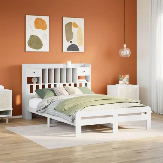 VidaXL fehér tömör fenyőfa könyvespolcos ágy matrac nélkül 160x200 cm