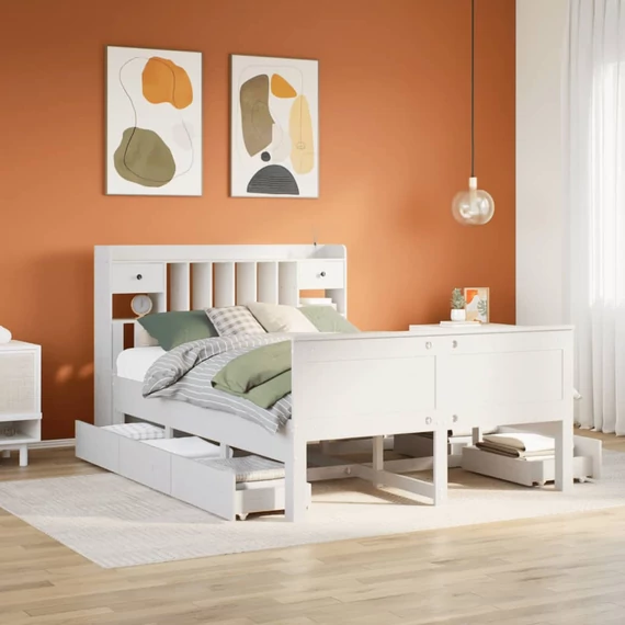 VidaXL fehér tömör fenyőfa könyvespolcos ágy matrac nélkül 160x200 cm