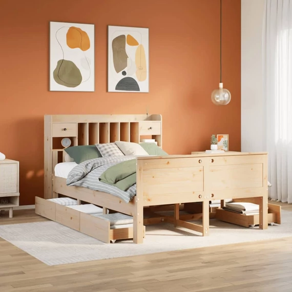 VidaXL tömör fenyőfa könyvespolcos ágy matrac nélkül 140 x 200 cm