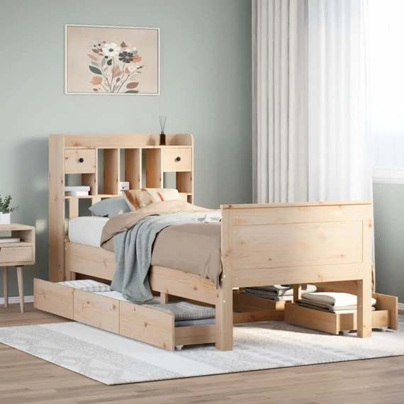 VidaXL tömör fenyőfa könyvespolcos ágy matrac nélkül 90 x 200 cm