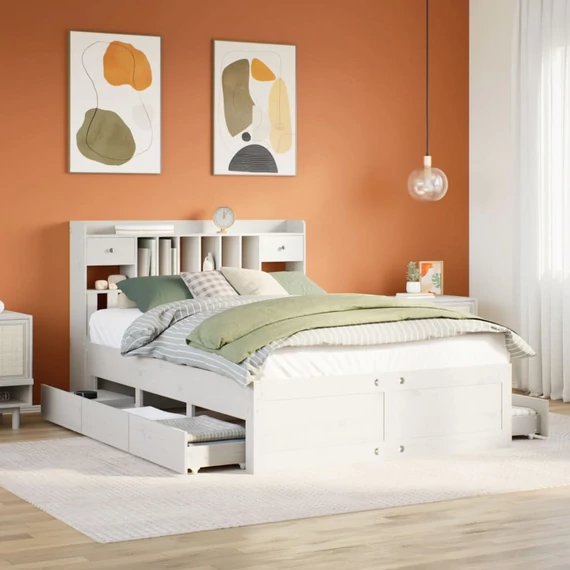 VidaXL fehér tömör fenyőfa könyvespolcos ágy matrac nélkül 140x200 cm