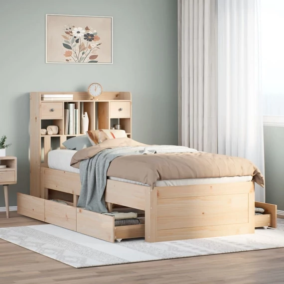 VidaXL tömör fenyőfa könyvespolcos ágy matrac nélkül 90 x 200 cm