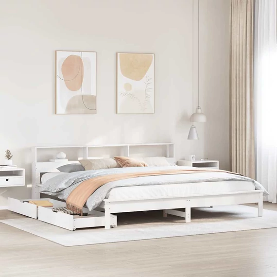 VidaXL fehér tömör fenyőfa könyvespolcos ágy matrac nélkül 180x200 cm