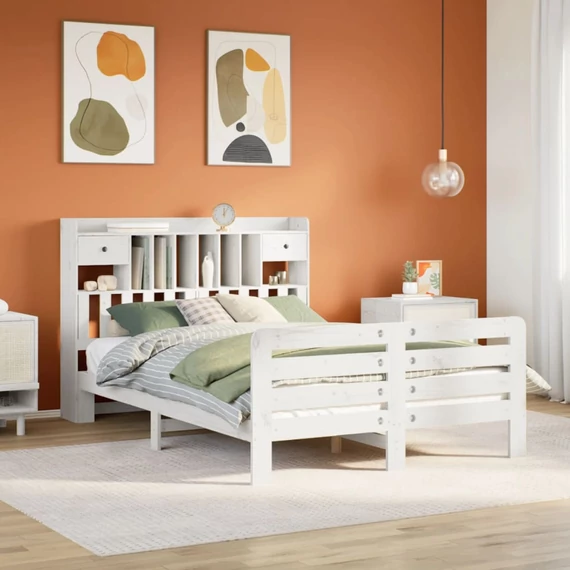 VidaXL fehér tömör fenyőfa könyvespolcos ágy matrac nélkül 160x200 cm