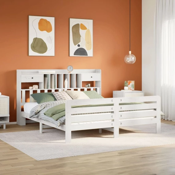 VidaXL fehér tömör fenyőfa könyvespolcos ágy matrac nélkül 180x200 cm