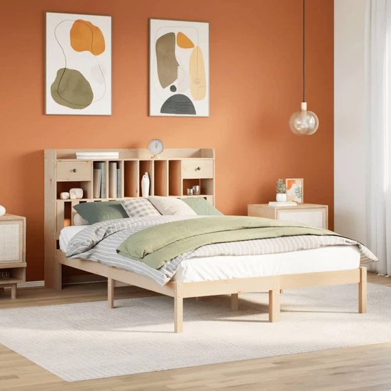 VidaXL tömör fenyőfa könyvespolcos ágy matrac nélkül 160 x 200 cm