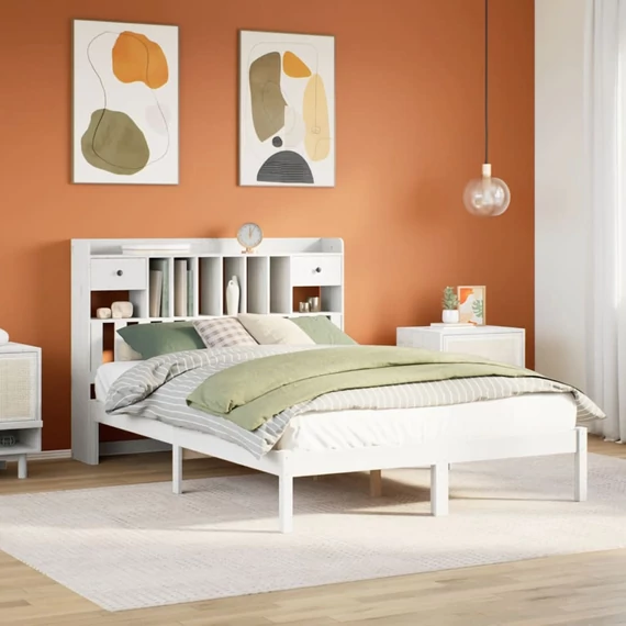 VidaXL fehér tömör fenyőfa könyvespolcos ágy matrac nélkül 160x200 cm