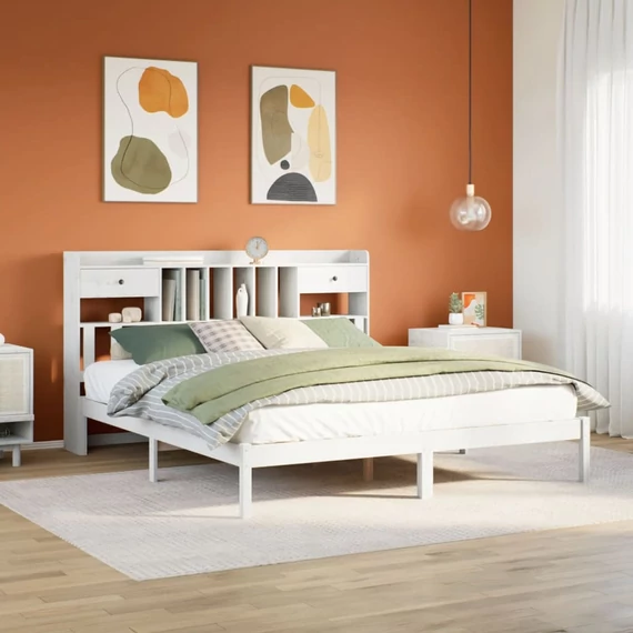 VidaXL fehér tömör fenyőfa könyvespolcos ágy matrac nélkül 180x200 cm