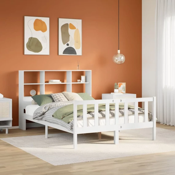 VidaXL fehér tömör fenyőfa könyvespolcos ágy matrac nélkül 160x200 cm