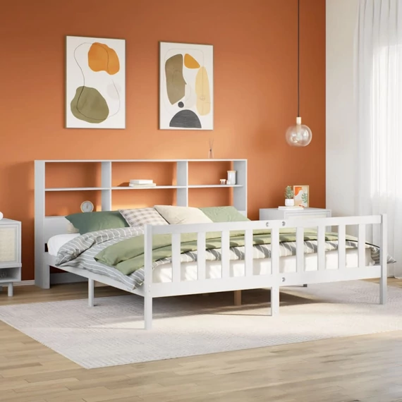VidaXL fehér tömör fenyőfa könyvespolcos ágy matrac nélkül 180x200 cm