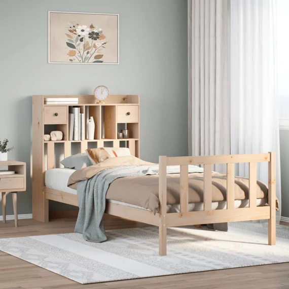 VidaXL tömör fenyőfa könyvespolcos ágy matrac nélkül 90 x 200 cm