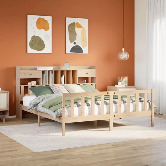 VidaXL tömör fenyőfa könyvespolcos ágy matrac nélkül 180 x 200 cm