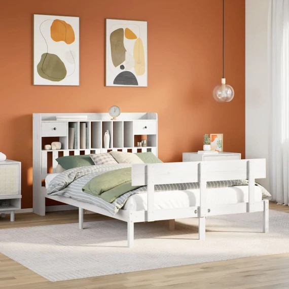VidaXL fehér tömör fenyőfa könyvespolcos ágy matrac nélkül 160x200 cm