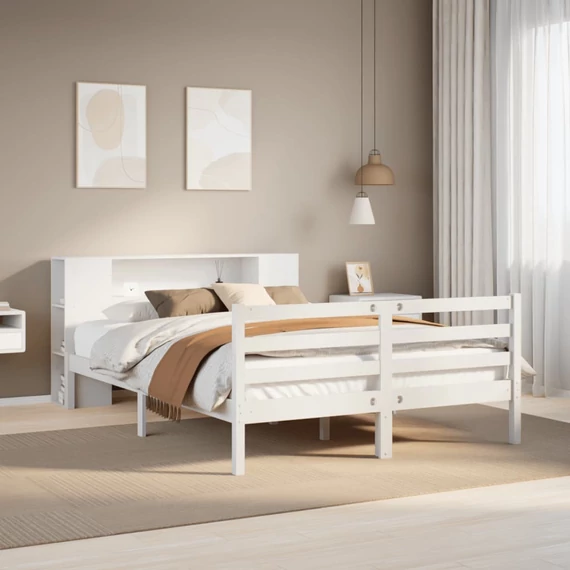 VidaXL fehér tömör fenyőfa könyvespolcos ágy matrac nélkül 160x200 cm