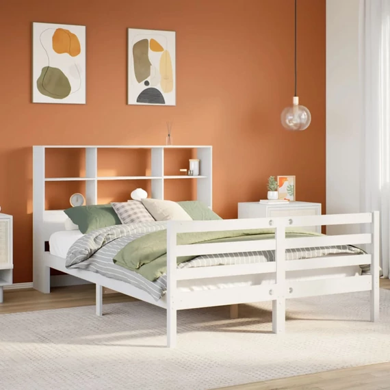 VidaXL fehér tömör fenyőfa könyvespolcos ágy matrac nélkül 160x200 cm