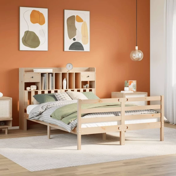 VidaXL tömör fenyőfa könyvespolcos ágy matrac nélkül 140 x 200 cm