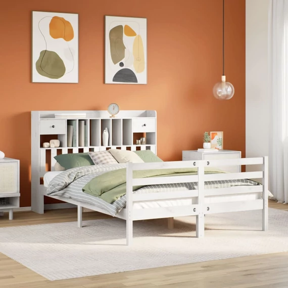 VidaXL fehér tömör fenyőfa könyvespolcos ágy matrac nélkül 160x200 cm
