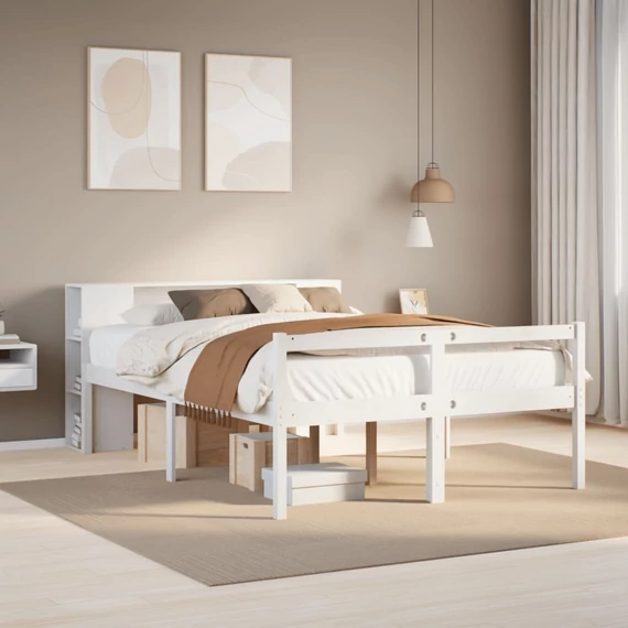 VidaXL fehér tömör fenyőfa könyvespolcos ágy matrac nélkül 160x200 cm