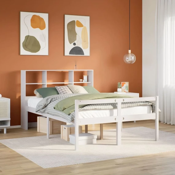 VidaXL fehér tömör fenyőfa könyvespolcos ágy matrac nélkül 160x200 cm