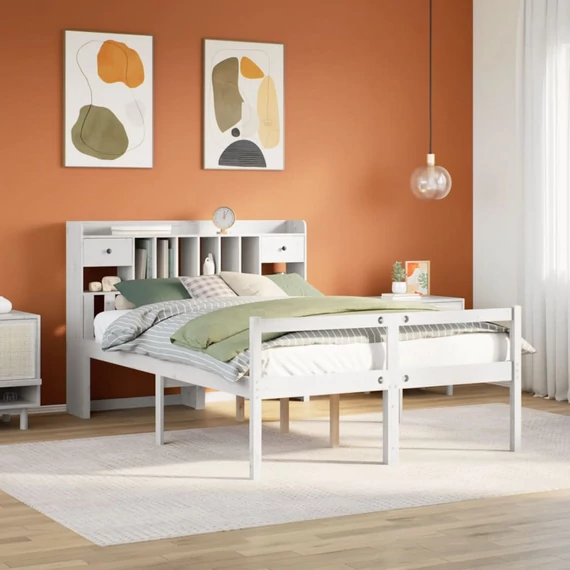 VidaXL fehér tömör fenyőfa könyvespolcos ágy matrac nélkül 140x200 cm