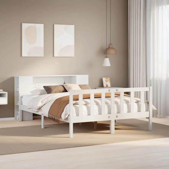 VidaXL fehér tömör fenyőfa könyvespolcos ágy matrac nélkül 160x200 cm