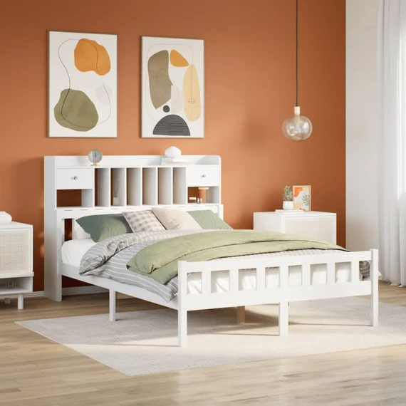 VidaXL fehér tömör fenyőfa könyvespolcos ágy matrac nélkül 160x200 cm