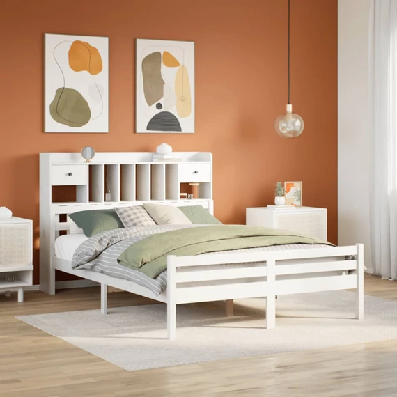 VidaXL fehér tömör fenyőfa könyvespolcos ágy matrac nélkül 140x200 cm