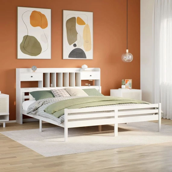 VidaXL fehér tömör fenyőfa könyvespolcos ágy matrac nélkül 180x200 cm