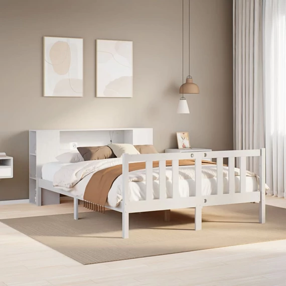 VidaXL fehér tömör fenyőfa könyvespolcos ágy matrac nélkül 160x200 cm