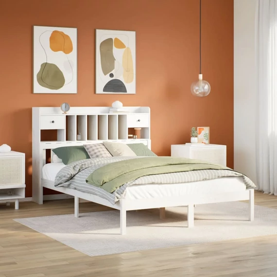 VidaXL fehér tömör fenyőfa könyvespolcos ágy matrac nélkül 140x200 cm
