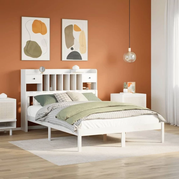 VidaXL fehér tömör fenyőfa könyvespolcos ágy matrac nélkül 160x200 cm