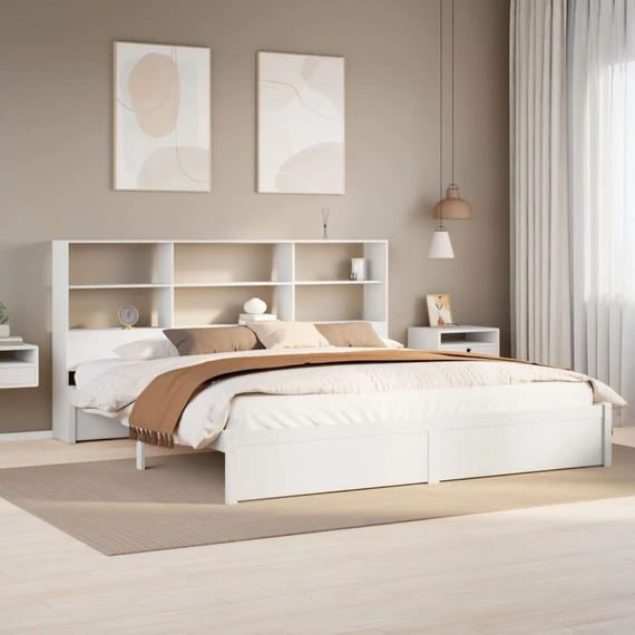 VidaXL fehér tömör fenyőfa könyvespolcos ágy matrac nélkül 180x200 cm