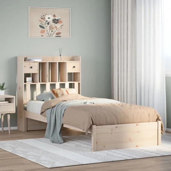 VidaXL tömör fenyőfa könyvespolcos ágy matrac nélkül 90 x 200 cm