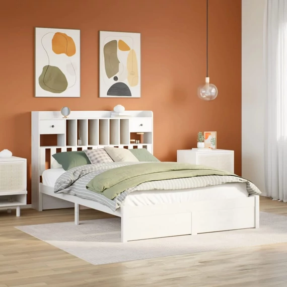 VidaXL fehér tömör fenyőfa könyvespolcos ágy matrac nélkül 160x200 cm