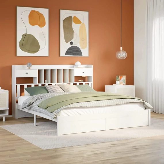 VidaXL fehér tömör fenyőfa könyvespolcos ágy matrac nélkül 180x200 cm