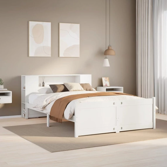 VidaXL fehér tömör fenyőfa könyvespolcos ágy matrac nélkül 160x200 cm