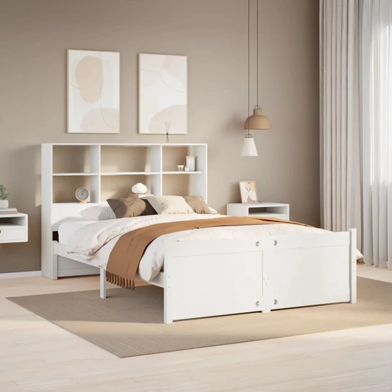 VidaXL fehér tömör fenyőfa könyvespolcos ágy matrac nélkül 140x200 cm