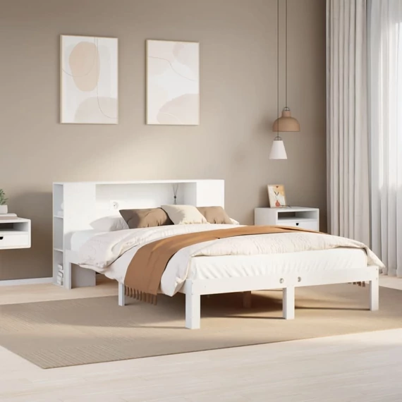 VidaXL fehér tömör fenyőfa könyvespolcos ágy matrac nélkül 160x200 cm