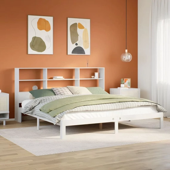 VidaXL fehér tömör fenyőfa könyvespolcos ágy matrac nélkül 180x200 cm