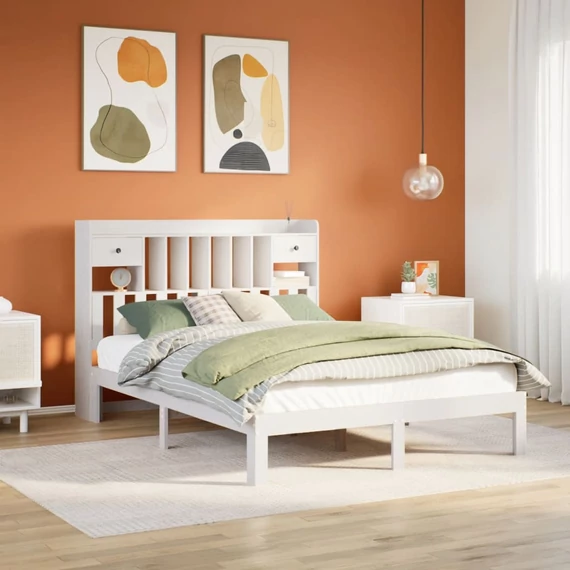 VidaXL fehér tömör fenyőfa könyvespolcos ágy matrac nélkül 160x200 cm