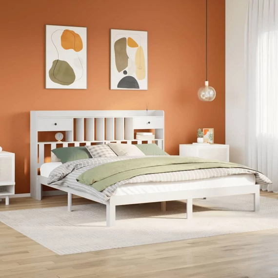 VidaXL fehér tömör fenyőfa könyvespolcos ágy matrac nélkül 180x200 cm